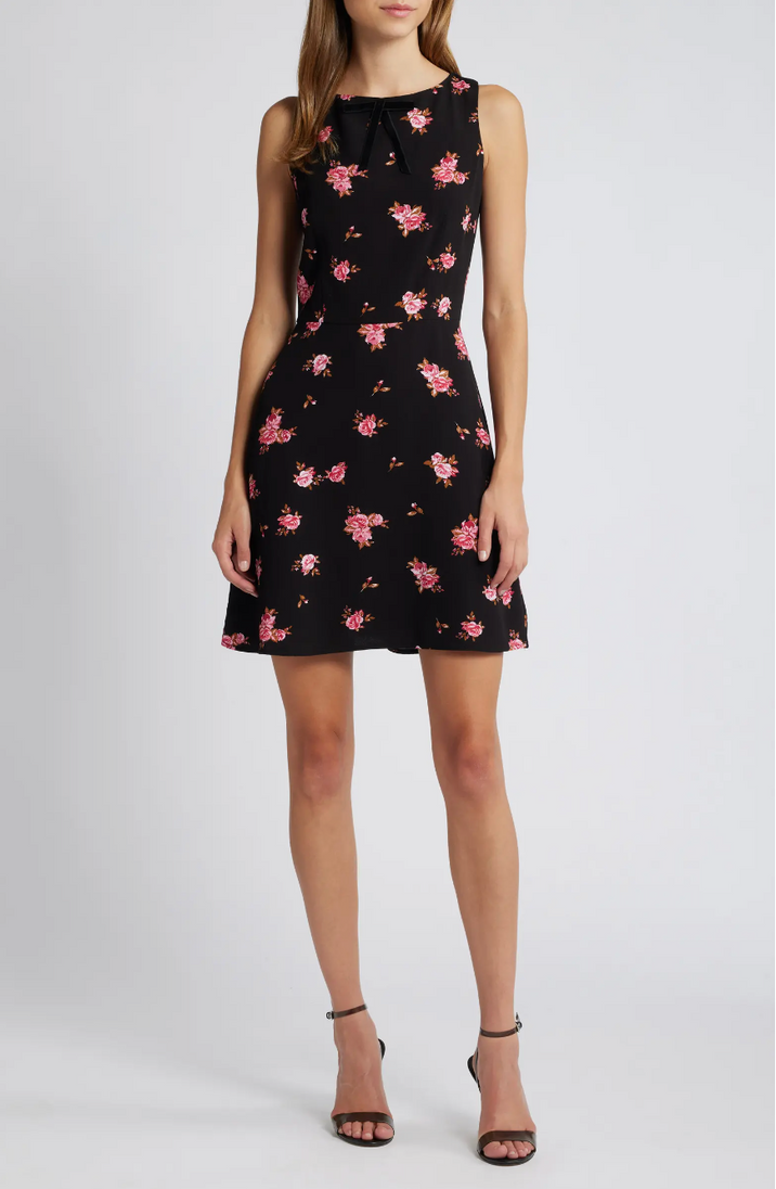 FLORAL BOW NECK FIT & FLARE MINI DRESS