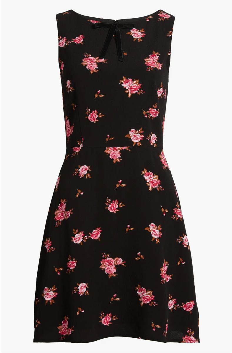 FLORAL BOW NECK FIT & FLARE MINI DRESS