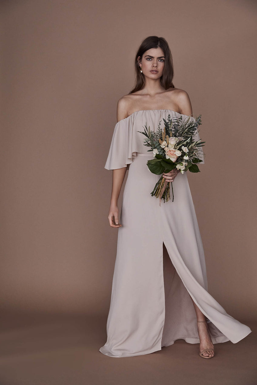 solid chiffon off shoulder pop-over bridesmaid gown in Champaign back