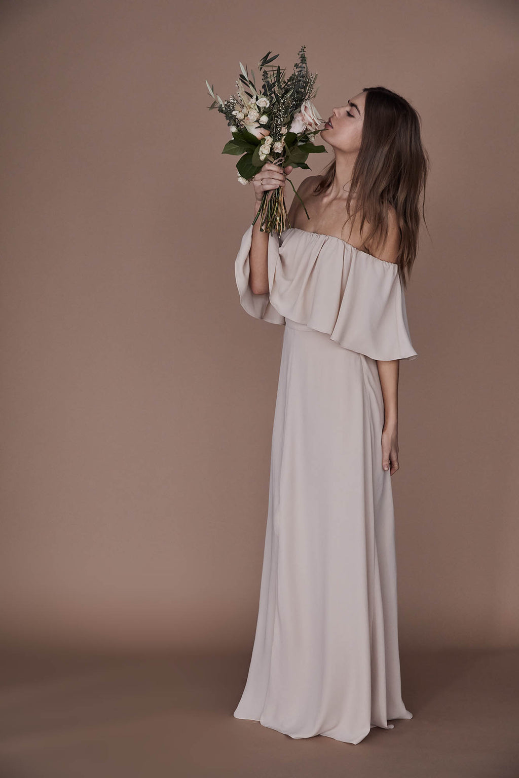 solid chiffon off shoulder pop-over bridesmaid gown in Champaign back