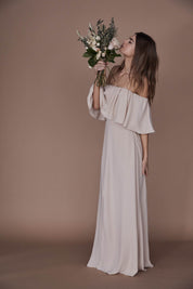 solid chiffon off shoulder pop-over bridesmaid gown in Champaign back