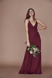 bridesmaids dress matte satin faux wrap gown black back