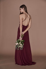 bridesmaids dress matte satin faux wrap gown black back