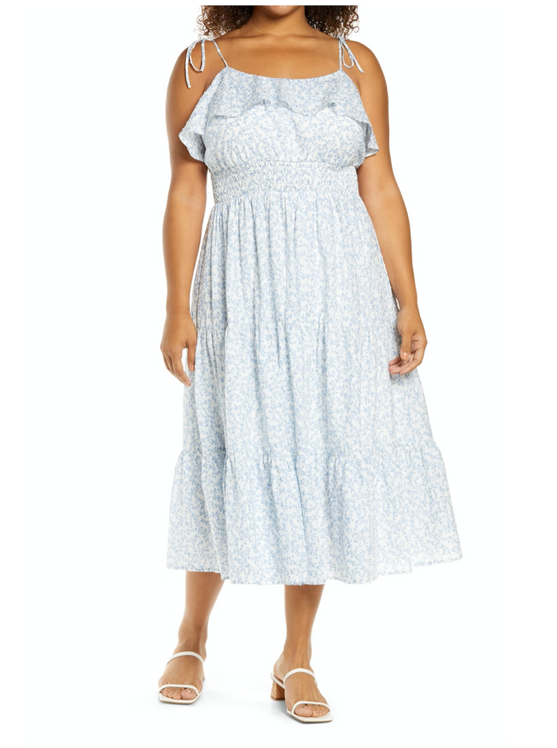 NAYSA TIE STRAP SMOCKED TIERED MIDI DRESS