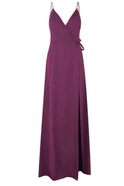 Sleeveless purple wrap gown bridesmaid dress w front slit