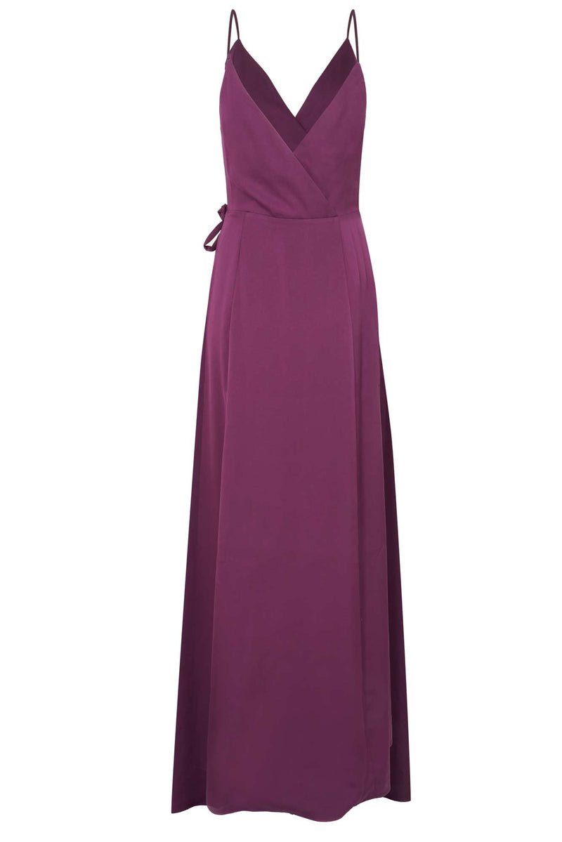 Sleeveless purple wrap gown bridesmaid dress w front slit