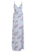 Bridesmaids Dress Floral FRONT SLIT WRAP GOWN Blue Floral 