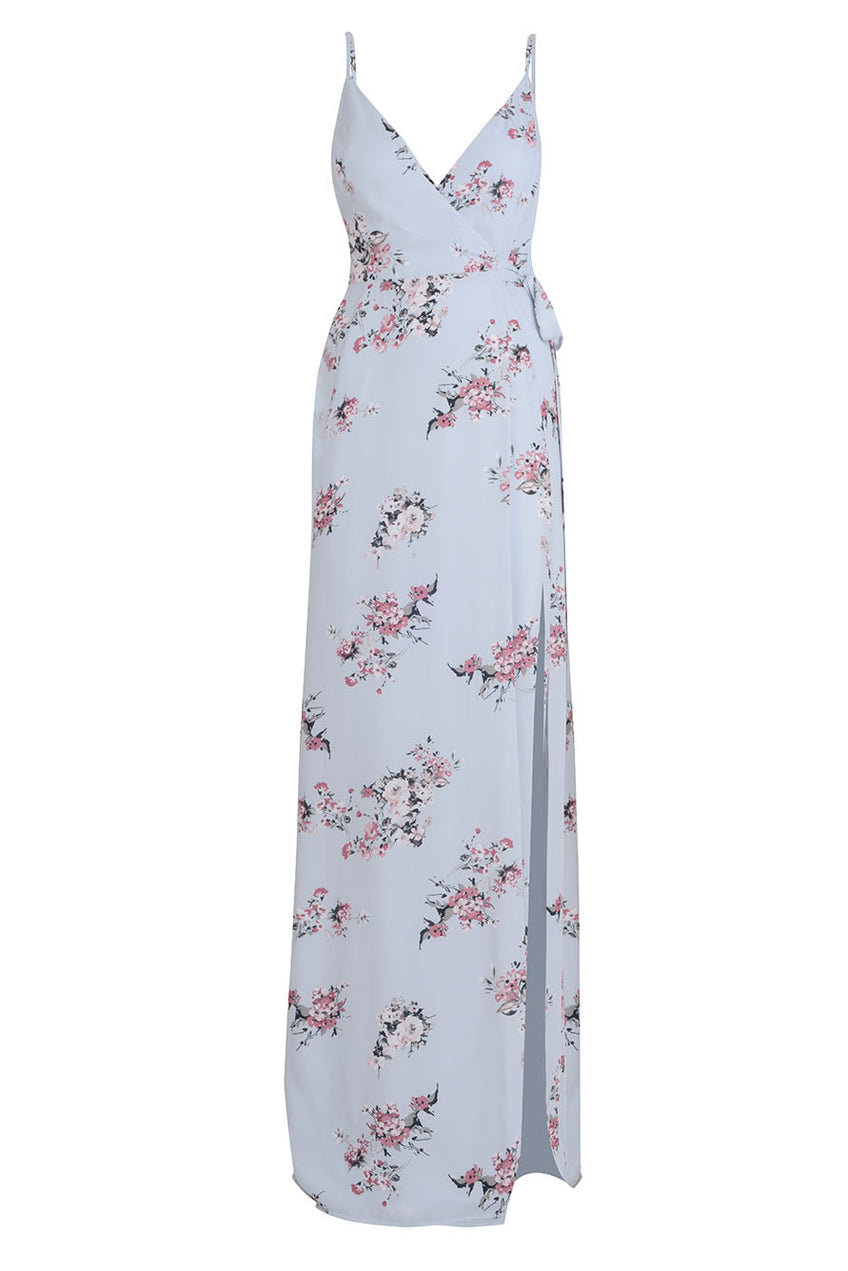 Bridesmaids Dress Floral FRONT SLIT WRAP GOWN Blue Floral 