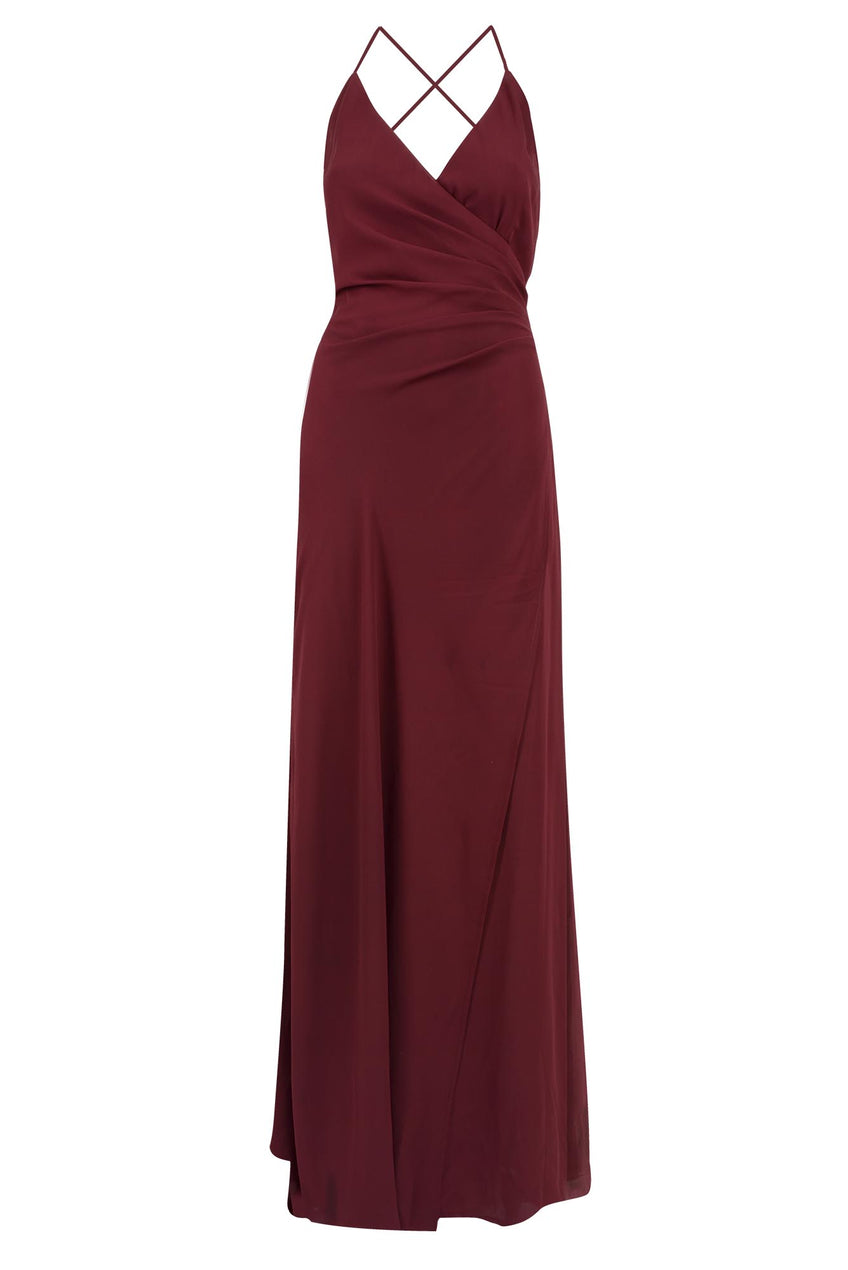 bridesmaids dress matte satin faux wrap gown cabernet