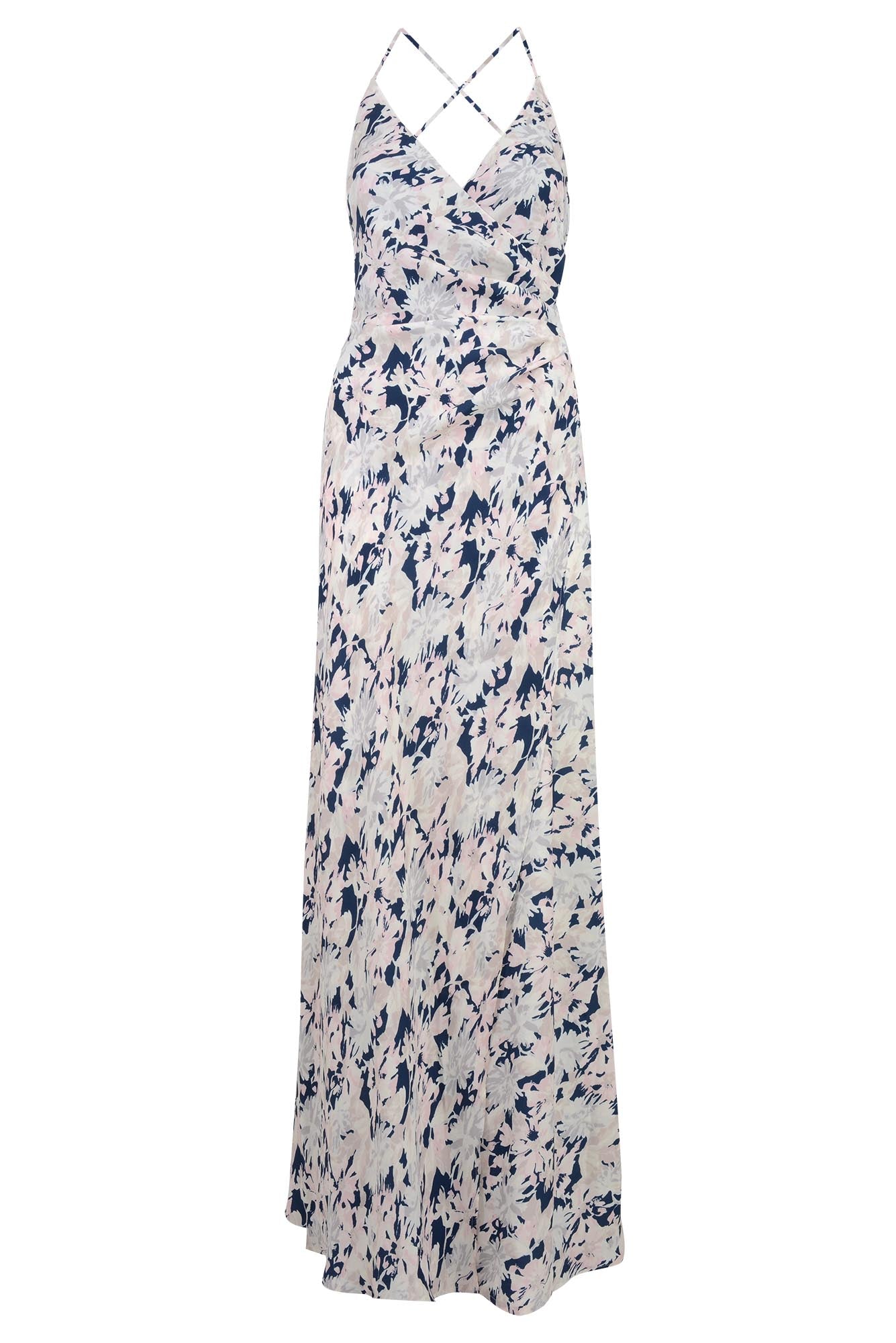 bridesmaids dress matte satin faux wrap gown floral navy print