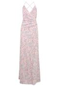 bridesmaids dress matte satin faux wrap gown pink floral print