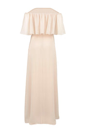 solid chiffon off shoulder pop-over bridesmaid gown in Champaign back