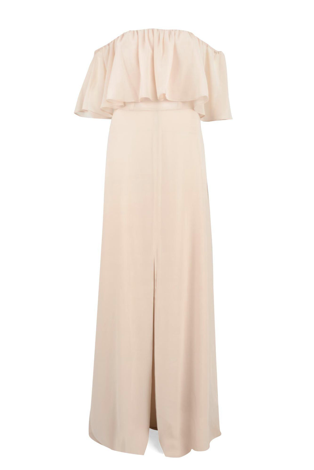 solid chiffon off shoulder pop-over bridesmaid gown in Champaign