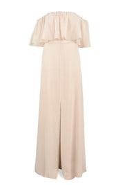 solid chiffon off shoulder pop-over bridesmaid gown in Champaign back